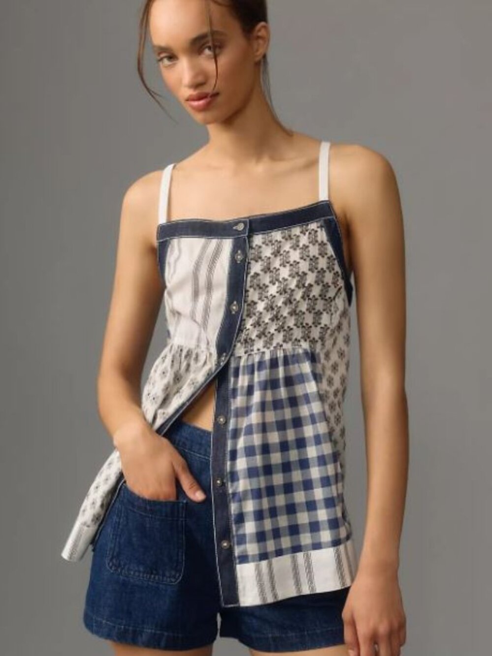 Pilcro Patchwork Button-Front Apron Tank, Size S